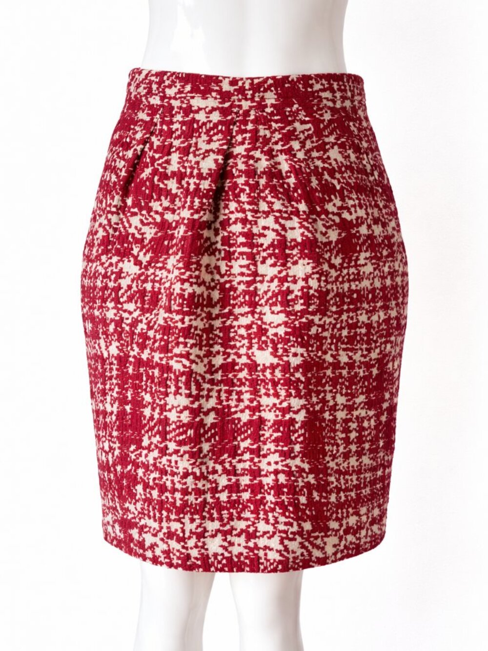 Carolina Herrera Red Beige Textured Wool Blend Pencil Skirt Size 6